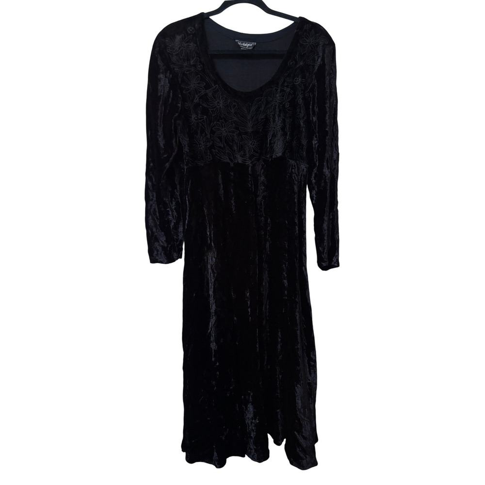 Y2K Nostalgia Black Crushed Velvet Embroidered Floral Midi Dress Long Sleeve M